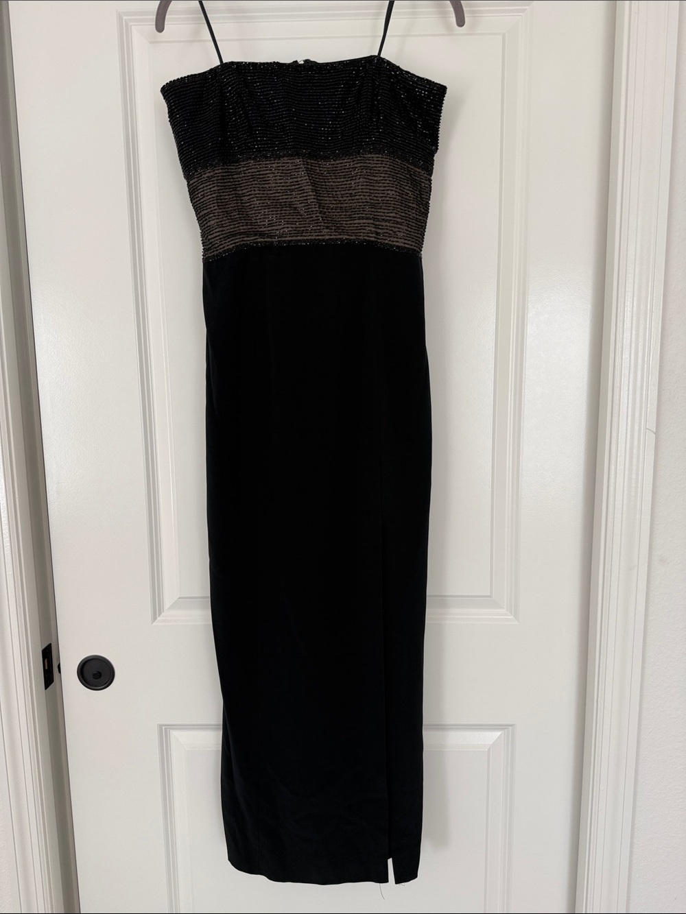 Oleg Cassini Black Strapless Evening Gown with Metallic Band